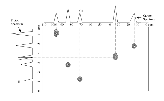 cartoon of a HMBC spectrum showing 1H to 13C correlations